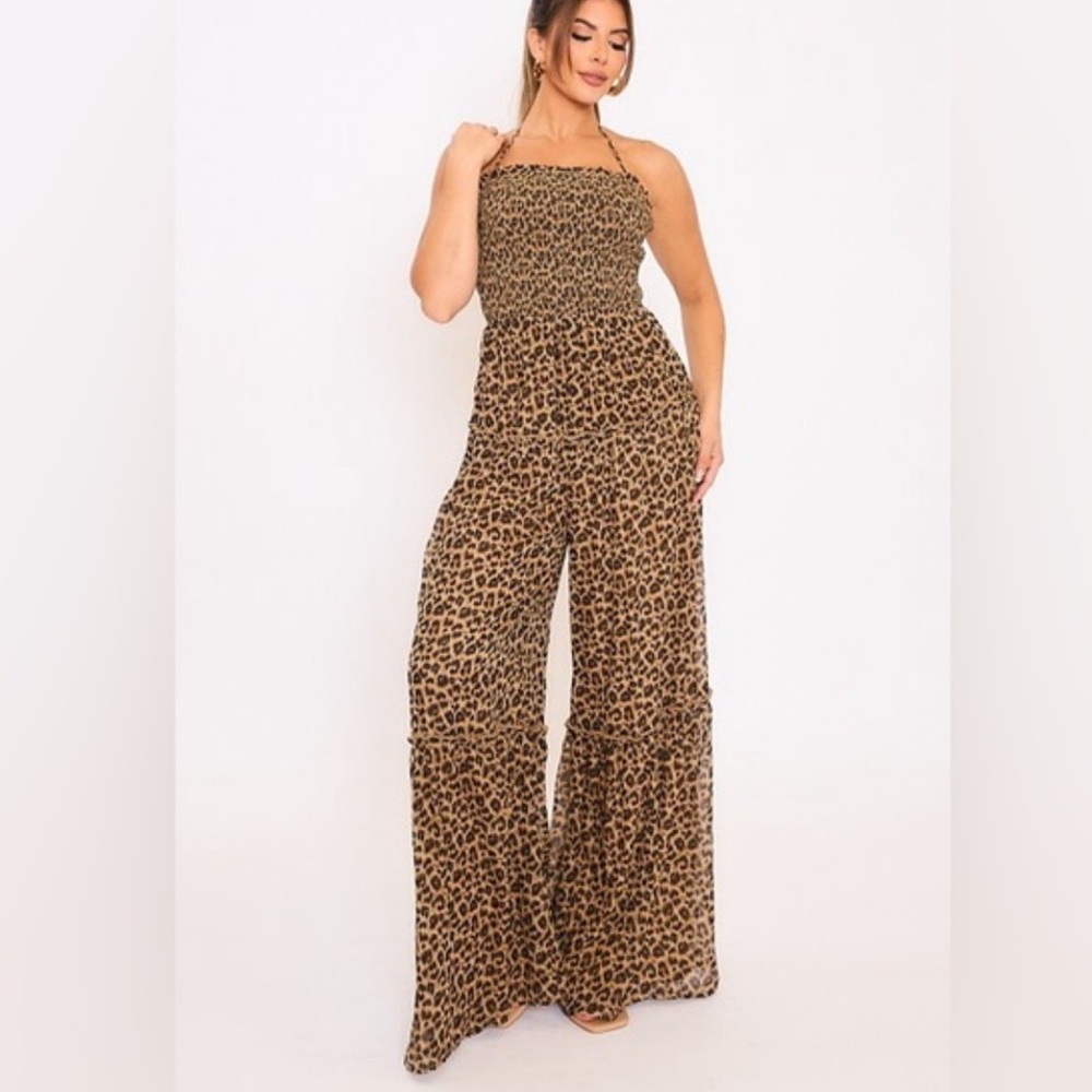 Active USA Leopard Print Ribbed Knit Jumpsuit Wide Leg Spaghetti Strap Size M